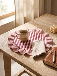 1/2/4/6/12pcs Red & White Thin Striped Pink Ruffle Edge Fabric Placemats, Fresh Natural Style, Round Shape With Ruffle Edge Patchwork Details, Stain-Resistant Tabletop Protection And Decorative Function, Suitable For Daily Breakfast And Natural Home Decor Scenes - Red - View 9
