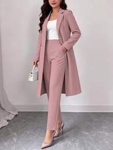Women's Spring/Autumn Elegant Commute 2 Pieces Set, Long Waist-Cinching Vintage British Design Faux Pocket Button Detail Blazer Coat Paired With Simple Casual Straight-Leg Pants - Pink 25 - View 4
