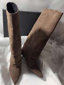 French Blogger Style Pointed Toe Wide Shaft Knee-High Boots, Nordic Kitten Heel Riding Boots For Women - Brown - View 4
