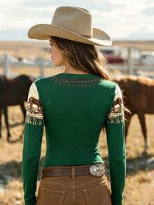 VEXHEIMA Western Style Women's Fashion Vintage Horse Print Round Neck Slim Fit Elastic Long Sleeve Top - Dark Green - View 5