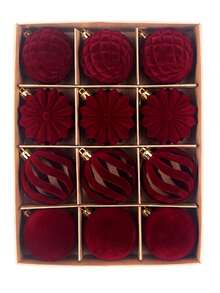15pcs-Wine Red Christmas Flocked Ball Set, European Style Ins-Inspired Irregular Flocked Christmas Ball Set, Christmas Party Decoration - A - View 4
