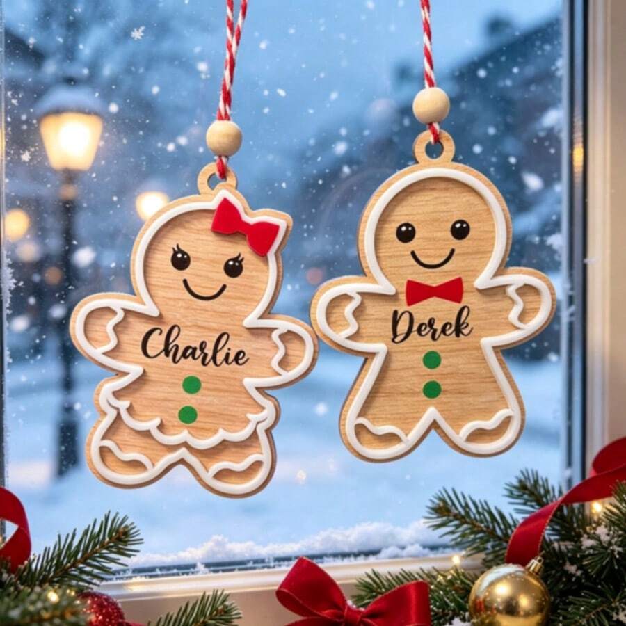 One Personalized Gingerbread Man Ornament Featuring A Red Bow, Customizable With Names, Perfect For Enhancing The Festive Spirit During Christmas, Ideal For Tree Decorations, Backpack Charms, And Holiday Gifts - A - View 1