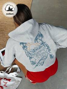 女款休閒街頭風寬鬆長袖熱帶棕櫚樹印花衛衣 - 淺灰色 - 查看 6