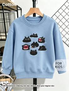 Children's Crew Neck Sweatshirt, Multi-Expression Black Cat Print Pure Cotton Pullover, Soft Casual Long Sleeve Top - Blue - View 1