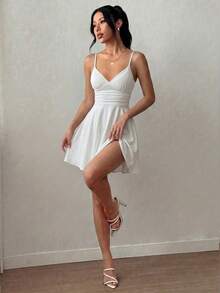 Sexy Fashion Versatile Daily Adjustable Spaghetti Strap Ruched Waist Ruffle Hem A-Line Mini Dress Spring Summer New Elegant White - White - View 3