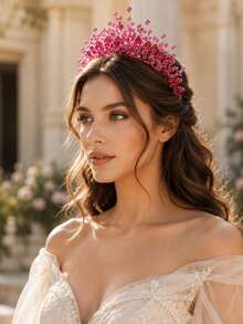 KOVLYNE 1pc Women's Crystal Floral Tiara, Sparkling Beaded Rhinestone Crown Headband, Suitable For Wedding, Bridal Styling, Graduation Prom, Beauty Pageant And Special Occasions - Hot Pink - View 4