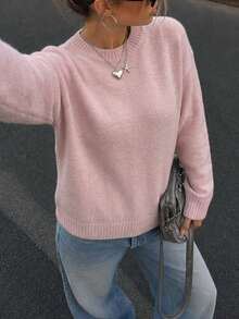 Women's Pink Knitted Sweater, Drop Shoulder Long Sleeve, Regular Fit Pullover, Suitable For Autumn/Winter - Pink - View 5