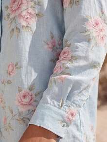 YI XUAN Women's Autumn Shirt In A Linen Blend, Featuring A Long Lapel Design And A Printed Pattern-A Bohemian-Style Vacation Top For Fall. - Baby Blue - View 7
