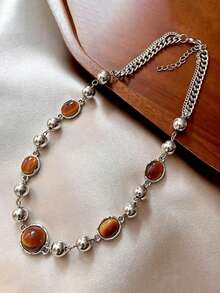 Vintage Elegant Maillard Tiger Eye Stone Beaded Layered Necklace For Women, Luxury High-End Long Sweater Chain Accessory - Multicolor - View 3
