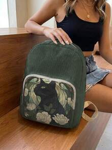 1 Piece Backpack, Women's Mini Backpack, Corduroy Girl's School Bag, Travel Storage Bag, Kitten‑Printed Design, Large‑Capacity Foldable Easy‑To‑Store Bag, Lightweight And Pressure‑Relieving, Multi‑Pocket Layered Design With Zipper Closure - Flower Kitten 21009 - View 5