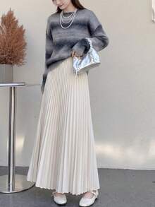 Elegant Women's Long Pleated Skirt, Non-Stretch Woven Fabric Flowy Skirt, Suitable For Autumn Wear - Apricot - View 7