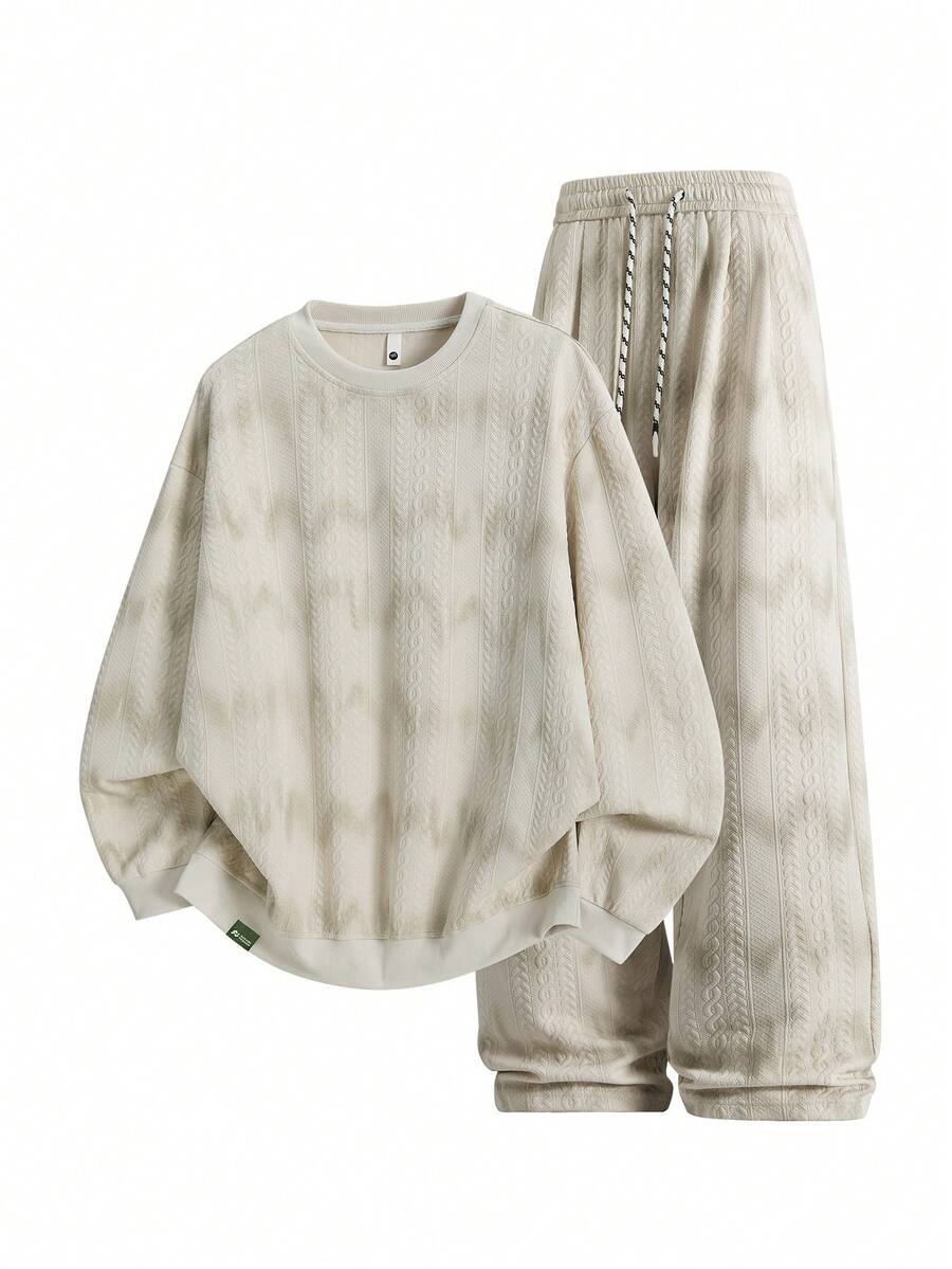 Setelan Rajut Kabel Tie-Dye Ukuran Besar untuk Pria, 2 Potong: Sweatshirt Kerah Bulat Longgar + Celana Kasual Lebar - Krem - View 1