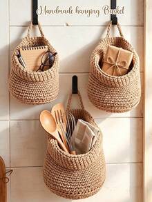 2pcs/Set Wall Hanging Baskets With Hooks, Woven Rope Storage Basket, Bohemian Style Wall Mounted Organizer, Suitable For Kitchen, Bedroom, Bathroom And Home Decor - Multicolor - View 2