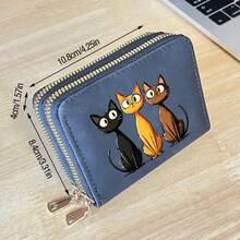 Cat Print Card Holder, Lightweight Fashionable Women's Wallet, Suitable For Daily Use, Double Zipper Mini Wallet/Coin Purse/Card Holder - Multicolor - View 2