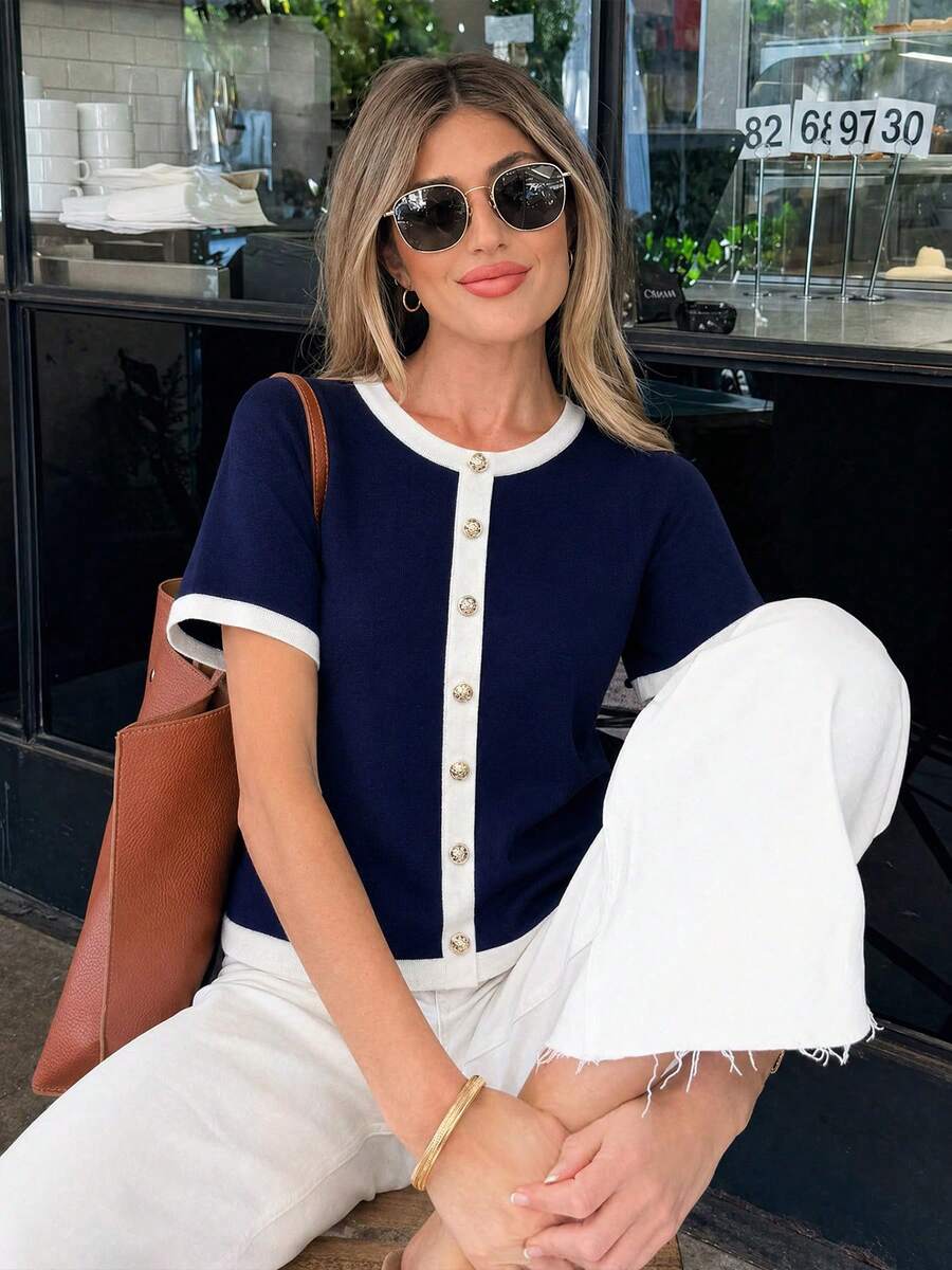 Blus Wanita Rajut Elegan Musim Gugur/Dingin Kerah Bulat Lengan Pendek Pullover Desain Kancing Palsu Warna Kontras Slim Fit Kasual untuk Harian dan Kantor - Navy Blue - View 1