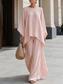 Pink Loose Batwing Sleeve Wide Leg Pants 2 Pieces Set, Elegant Autumn Vacation Commute Lazy Outfit For Women - Pink - View 2