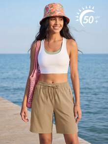 Cavva Women's Quick-Dry 5" Lightweight Breathable Elastic Waist Drawstring 3 Zipper Pockets Outdoor Hiking Casual Shorts (Runs Large, Recommend Sizing Down) - Khaki - View 5