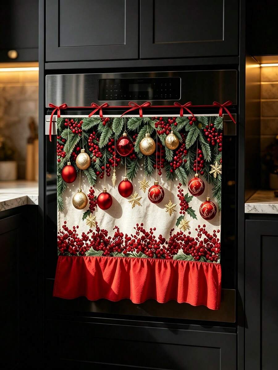 Christmas Oven Door Curtain, Red & Gold Ball And Red Berry Pine Branch Print, Red Scalloped Edge Hanging Decor, Suitable For Kitchen, Holiday Party, Farmhouse Style Home Decor - C - View 1