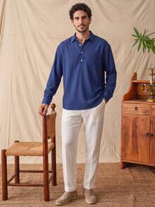 glestore Men's Vintage American "Old Money" Style Pleated Long-Sleeve Shirt-Stylish And Versatile, Perfect For Commuting, Casual Wear, And Vacations - Blue - View 4