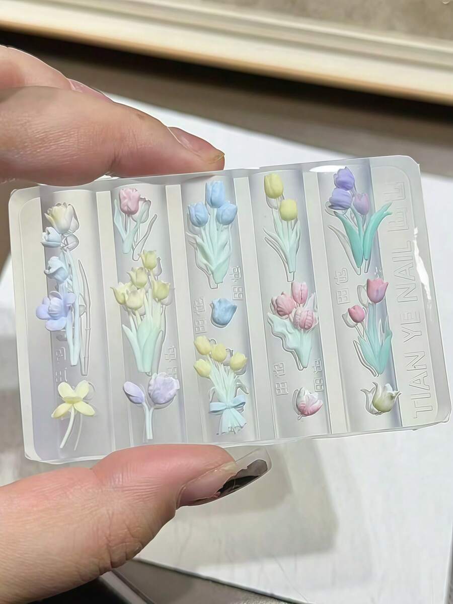 1pc Tulip & Iris Floral 3D Carved Nail Art Silicone Mold DIY Nail Decor - Clear - View 1