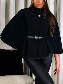 Women's Fashionable Elegant Short 3/4 Sleeve Stand Collar Loose Woolen Coat With Belt, Winter Black Fall - Black - View 3