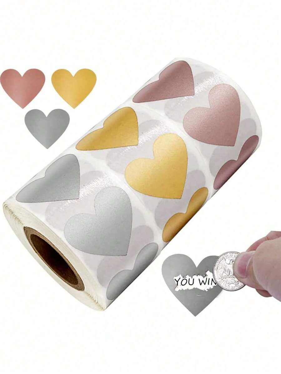 300 Pcs/Roll 1 Inch Self‑Adhesive Gold Heart Scratch‑Off Stickers, Perfect For DIY Scratch‑Off Prizes, Holiday Parties, Wedding Parties, Wedding Decorations, Event Labels & Celebration Tags - Multicolor - View 1