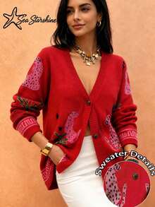 Women's Casual/Commute Sun Hat, Leopard Print Long Sleeve Crew Neck Cardigan With Amber Buttons, Autumn/Winter Red Fall - Red - View 1