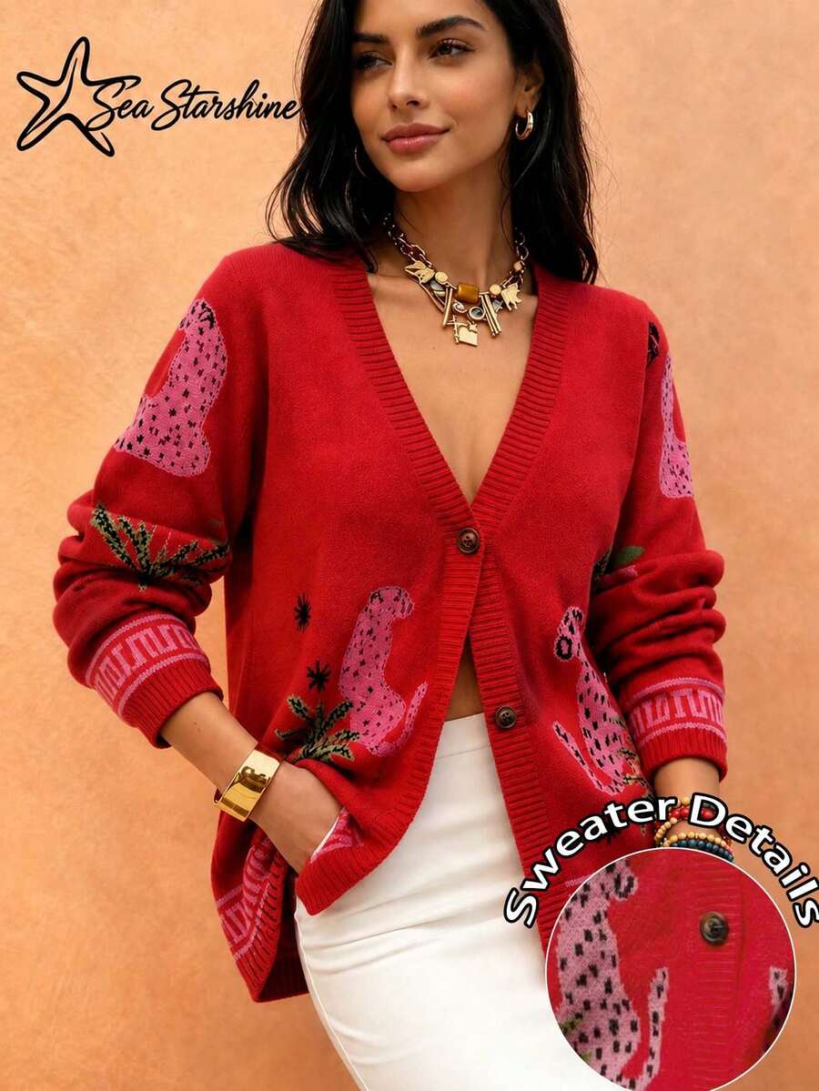 Women's Casual/Commute Sun Hat, Leopard Print Long Sleeve Crew Neck Cardigan With Amber Buttons, Autumn/Winter Red Fall - Red - View 1