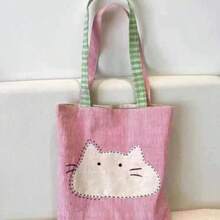 1pc Soft Cute Cat Applique Tote Bag, Fresh Pink Tone With Plaid Strap, Hand-Stitched Cute Cartoon Pattern. Large Capacity Interior Can Store Books And Personal Items, Durable And Wear-Resistant Fabric. Simple Open Design For Easy Access, Suitable For Commuting, School, Shopping And Travel. Lightweight And Portable, Healing And Charming Design, Both A Practical Daily Item And A Thoughtful Gift For Friends, Balancing Aesthetics And Functionality - Multicolor - View 8