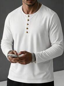 Kaos Lengan Panjang Pria Warna Polos Kerah Henley, Putih 4 Kancing Kasual Slim Fit Atasan Lapisan Dasar untuk Musim Semi dan Gugur - Putih - View 7