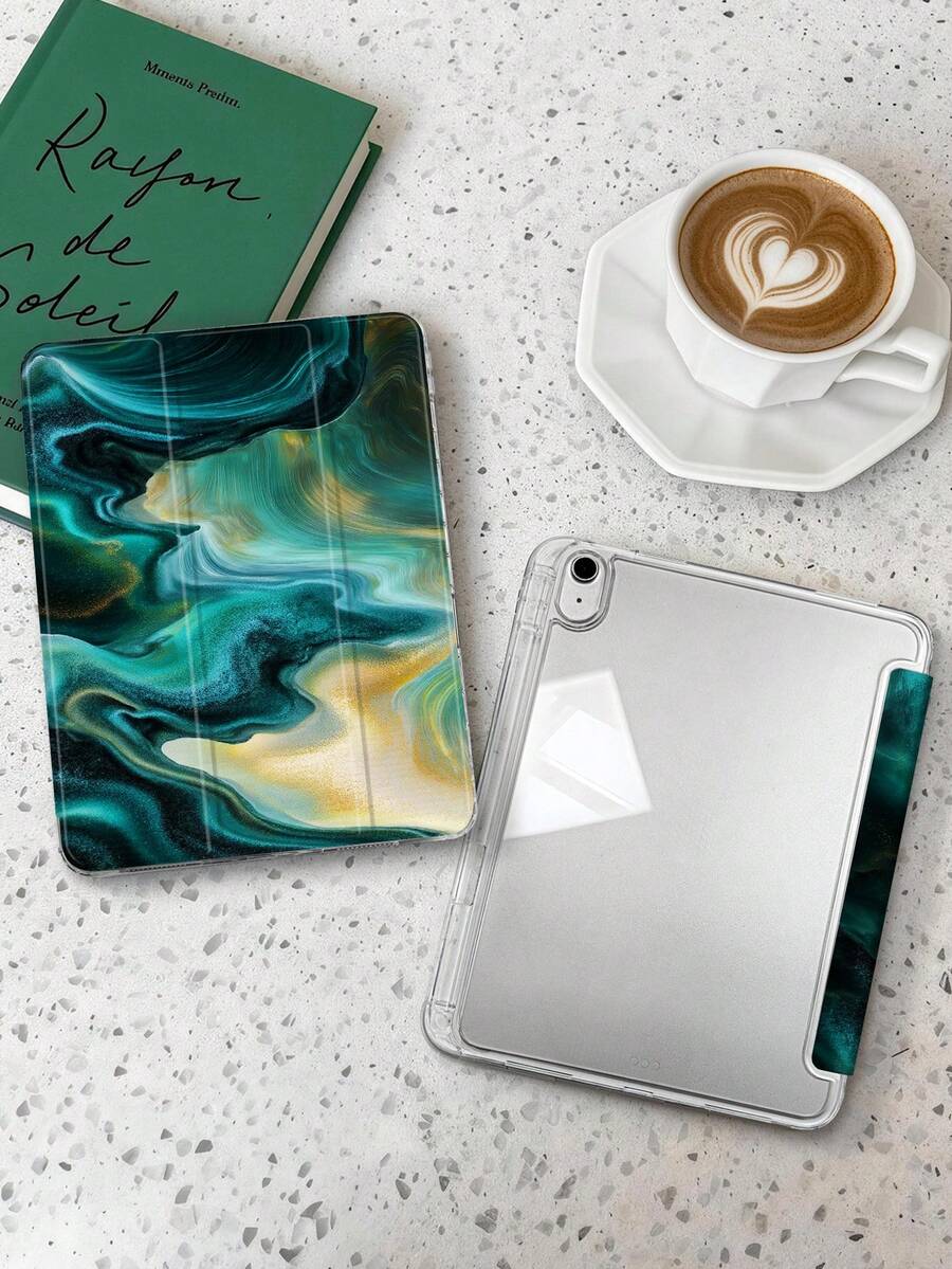 1pc Green Gold Liquid Sand Pattern Tablet Case Suitable For IPad Mini6/7/Air/Air2/9.7/10.2/10.5/10.9 (Air4-Air8)/Pro 11/10th Gen/A16/Pro 11 2024 Models, Painted Pattern Tablet Case Transparent Acrylic Back Shell Tri-Fold Stand Auto Sleep/Wake Built-In Pen Slot Does Not Include Pen Some Models With Camera Frame