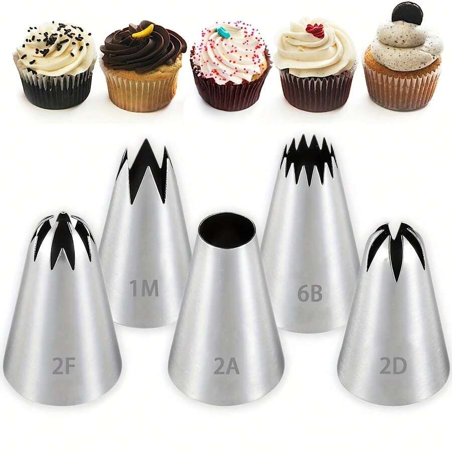 5pcs Stainless Steel Seamless Piping Tips Set, Cream Piping Nozzles For Cupcakes, Cakes, Cookies Decoration - Multicolor - View 1