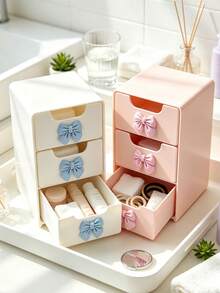 Pink Bow Decor Mini Desktop Drawer Storage Box, Multi-Layer Plastic Jewelry & Cosmetic Organizer, Non-Electric Desktop Organizer, Suitable For Vanity, Bedroom, Office, Can Store Various Daily Necessities, Fits Home, Makeup Table, Living Room Scenes For Decoration - Multicolor - View 3