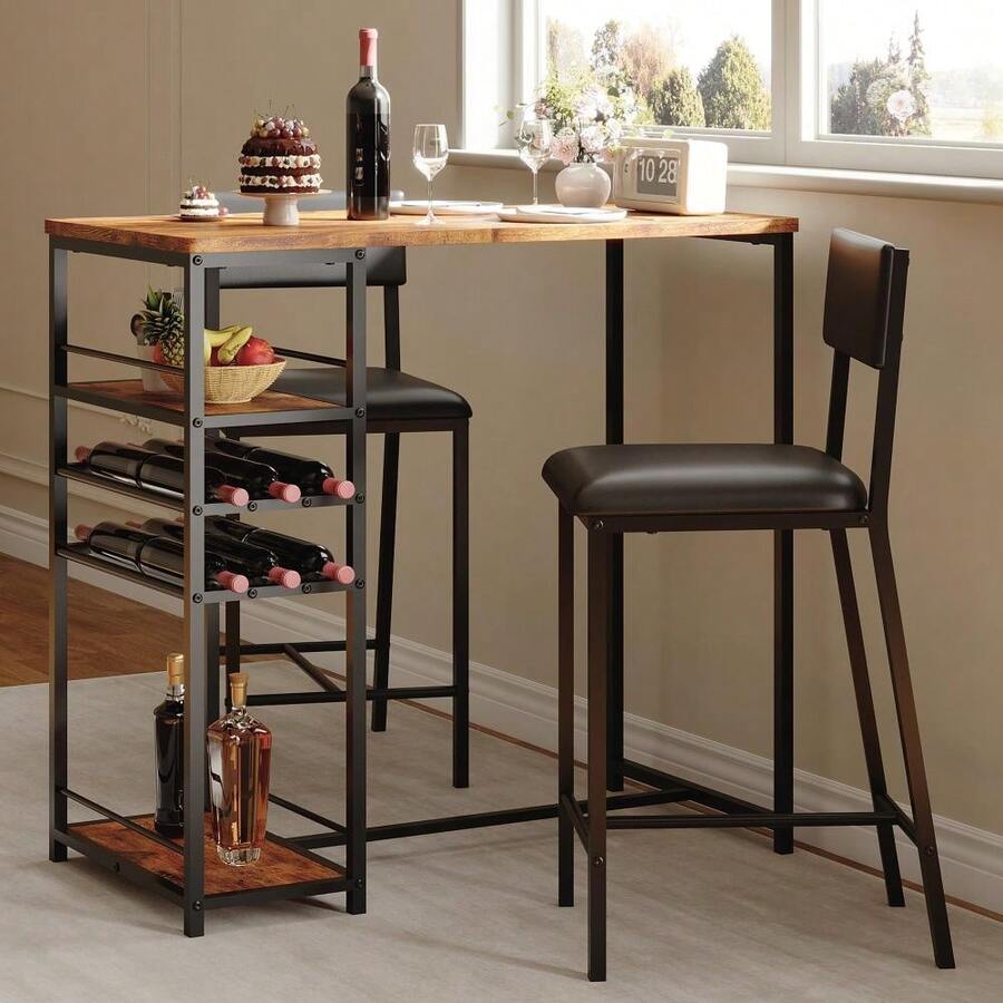Space-Saving Industrial Dining Table Set For 2 – Upholstered Chairs, Metal Frame, Open Storage Shelves, Integrated Glass Holder – Counter Height For Restaurants, Cafés, Small Apartments - Retro Color - View 1
