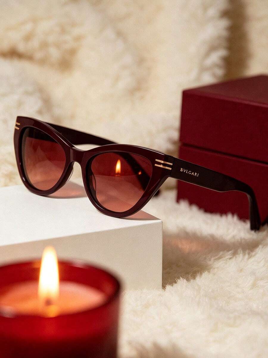 Bvlgari Chic Women Cat Eye Sunglasses Burgundy Frame Gold Details Gradient UV Lens Retro For Beach Travel Party Daily Wear - Brown - View 1