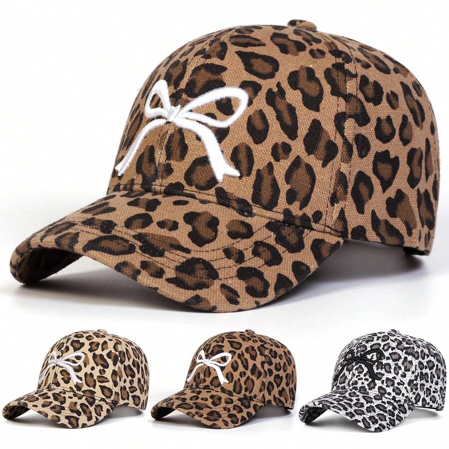 1pc Women's Bow & Leopard Print Embroidered Baseball Cap, Street Fashion Casual Hat For Spring/Autumn Outdoor, Travel, Beach - Multicolor - View 1