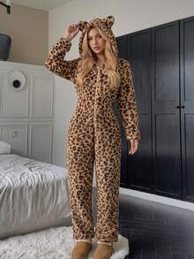 SANRIO Personalized Leopard Print Hooded One-Piece Loungewear, Plus Size Loose Fit Friendly To All Body Types, Soft Plush Fabric Comfortable And Unrestricted, Zipper Closure Design Easy To Put On And Take Off. 3D Small Ears On Hood Add Playful Touch, Cute Hello Kitty Patch Decoration On Back, Suitable For Daily Home Wear And Relaxing At Home, Full Of Atmosphere - Multicolor - View 3