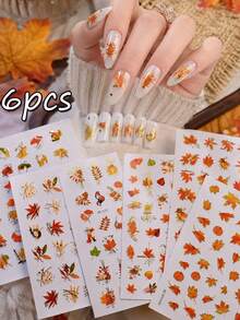 6Pcs Autumn Fall Leaves Nail Art Stickers Maple Leaf Ginkgo Pumpkin Fox Self Adhesive Slider Decals Thanksgiving DIY Maple Leaves Nail Decoration Sticker For Women Girls Home & Salon Use - Multicolor - View 3