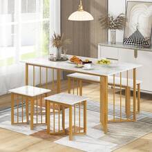 4-Piece Dining Table Set For 4, Kitchen Table Chairs Set With Bench & 2 Stools, Wing-Shaped Metal Legs, Marble Grain Dinette Table Set For Small Space, Dining Room, Breakfast Nook Table Set - 1 - View 5