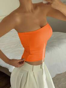 GLAMSKIN Women's Sexy Strapless Top, Casual Double-Layer Slim Fit Basic Camisole For Summer And Autumn, Back To School Street Style Beach Vacation - Orange - View 8