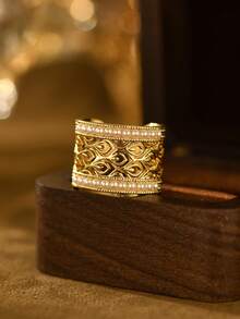 1pc Minimalist Elegant Vintage Pattern Filigree Mesh Faux Pearl Fashion Ring For Women, Wedding, Banquet, Traditional Festival Accessory - Yellow Gold - View 11