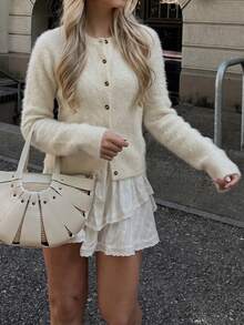 Live To Mo Women's White Crew Neck Cropped Knit Cardigan, Elegant Casual Long‑Sleeve Sweater Coat For Fall Winter Back To School & Business Daily Wear - Off White - View 3