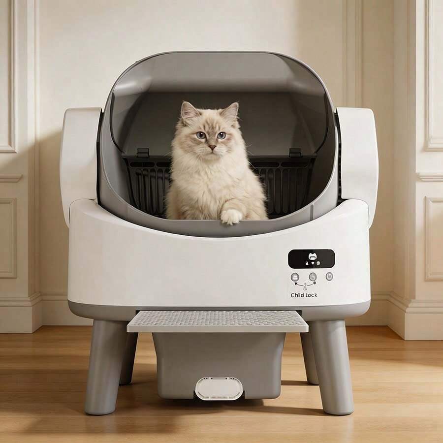 DEVOKO Self-Cleaning Automatic Cat Litter Box Open Design, 12L Large Waste Bin, Odor Reduction, Removable Washable Parts, Litter Trapping Mat, Suitable For Cats 1.5-10kg - White - View 1