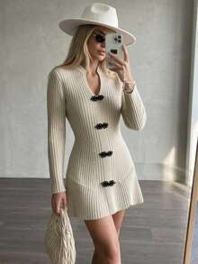 Women's Fall/Winter Oatmeal V-Neck Frog Button Soft Ribbed Knit Bodycon Mini Dress, Long Sleeve Cinched Waist Sexy Elegant Party Date Layering Wear - Apricot - View 3