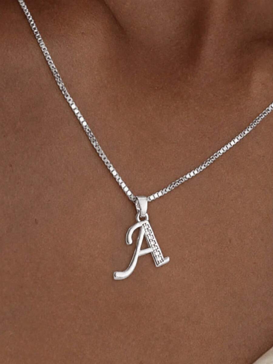 1pc Y2K Hip Hop Crown Letter Pendant Necklace, Gold Stainless Steel Cubic Zirconia Rhinestone Letter Pendant Jewelry, Gift For Women And Men - Silver - View 1