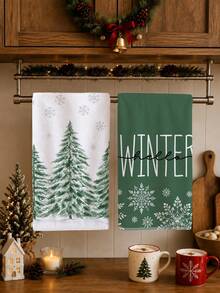 2PCS Kitchen Towels Christmas Tree Snowflake Print 40*60cm Minimalist Style Rectangular Microfiber Kitchen Towels, Dish Cloths, Tablecloths, Hand Towels, Christmas Home Decor, Bathroom Kitchen Decor, Housewarming Gifts For Neighbors, Perfect For Kitchen And Bathroom Use, Suitable For Housewives And Family Gatherings, Great Value, Essential Home Product - White - View 1