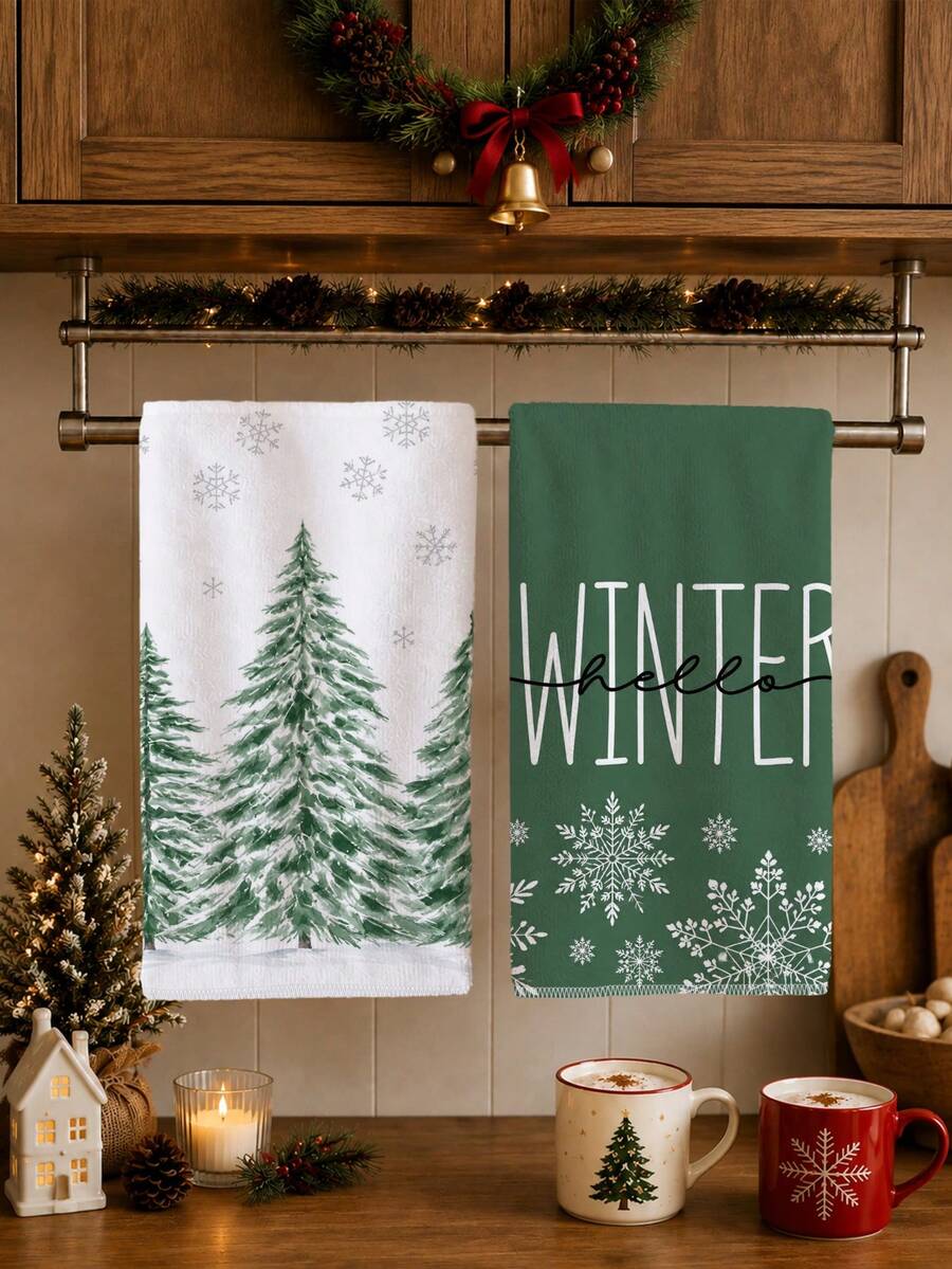2PCS Kitchen Towels Christmas Tree Snowflake Print 40*60cm Minimalist Style Rectangular Microfiber Kitchen Towels, Dish Cloths, Tablecloths, Hand Towels, Christmas Home Decor, Bathroom Kitchen Decor, Housewarming Gifts For Neighbors, Perfect For Kitchen And Bathroom Use, Suitable For Housewives And Family Gatherings, Great Value, Essential Home Product - White - View 1