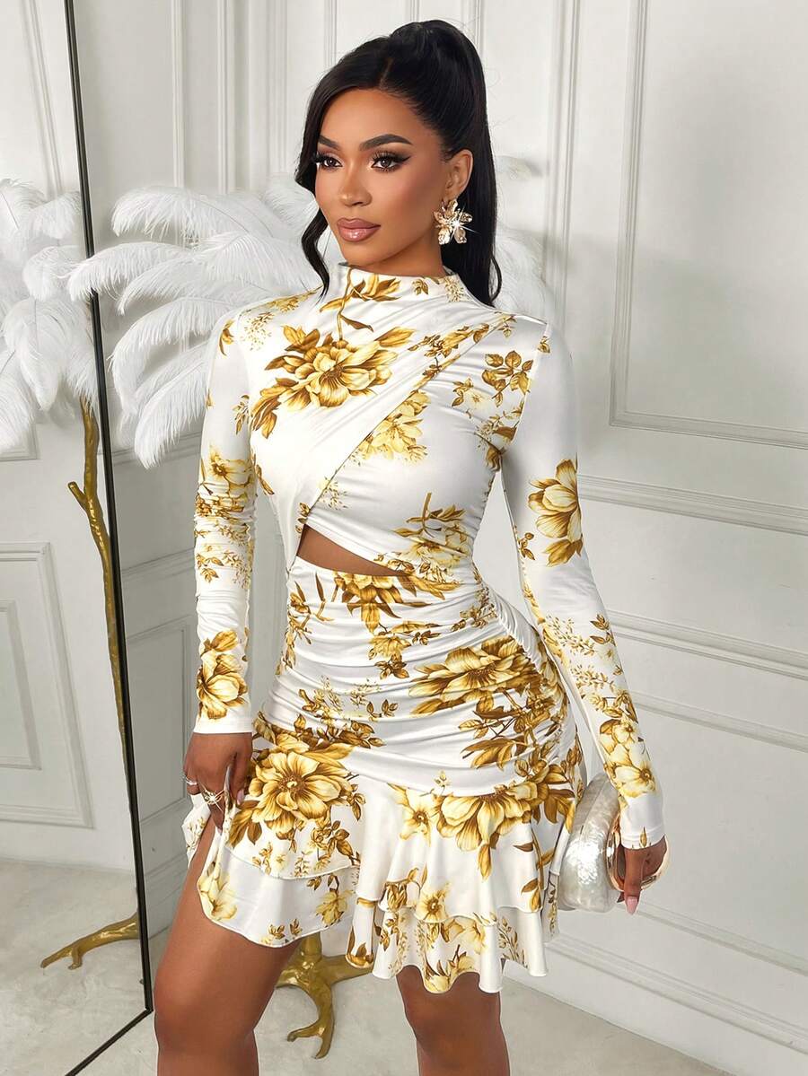 AIJ Women's Elegant Floral Print Mock Neck Long Sleeve Hollow Pleated Ruffle Hem Short Dress, Fashionable For Evening Party, Wedding Guest, Date, Winter Formal Occasions, Thanksgiving