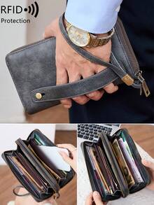 MIYIN Vintage Double Zipper Large Capacity Wallet, Women's RFID Anti-Theft Fashion Clutch, With Wrist Strap And Hand Strap, Minimalist Solid Color Design, Multi-Function Large Capacity Zipper Wallet, Suitable For Party, Travel, Shopping, Ideal Gift For Birthday Or Valentine's Day - Multicolor - View 9
