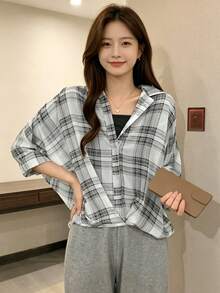2pcs/Set Women's Spring/Summer New Short Shirt & Camisole Top, Loose Sun Protection Blouse, Plaid Thin Semi-Sheer Chiffon White - White - View 1